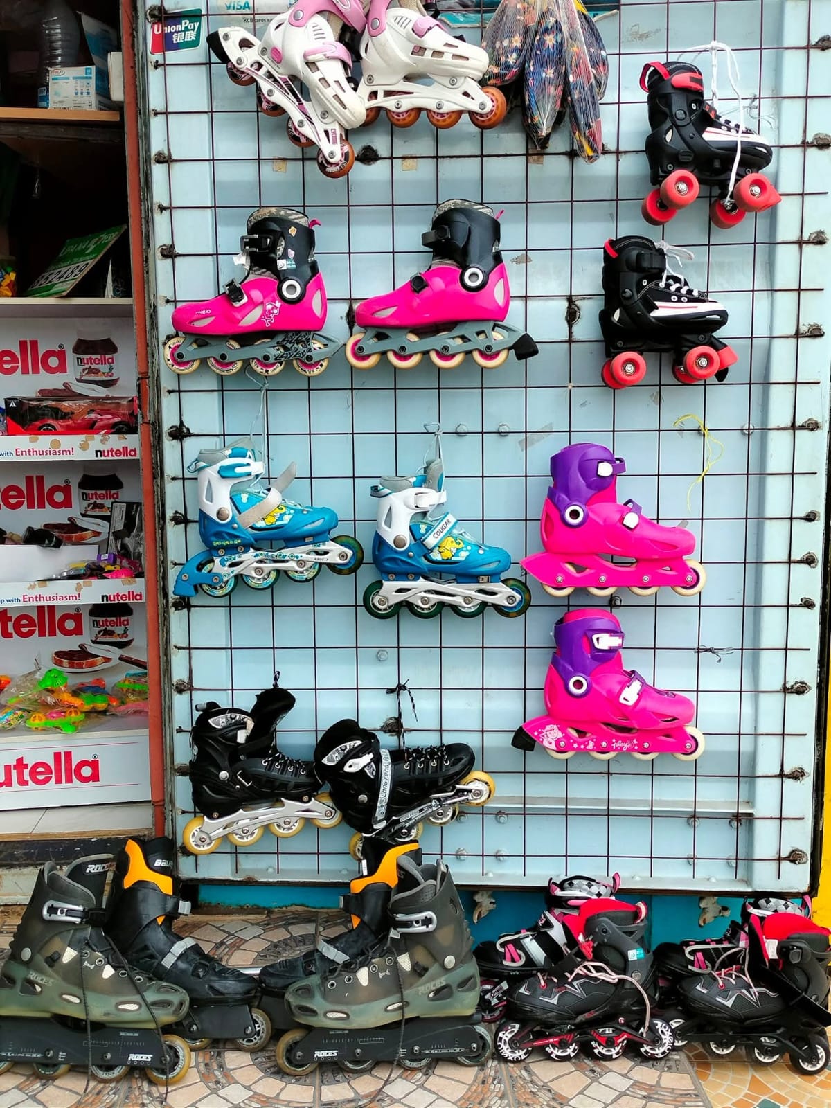 Rows of colourful roller skates in different sizes at Vipe Fun Park