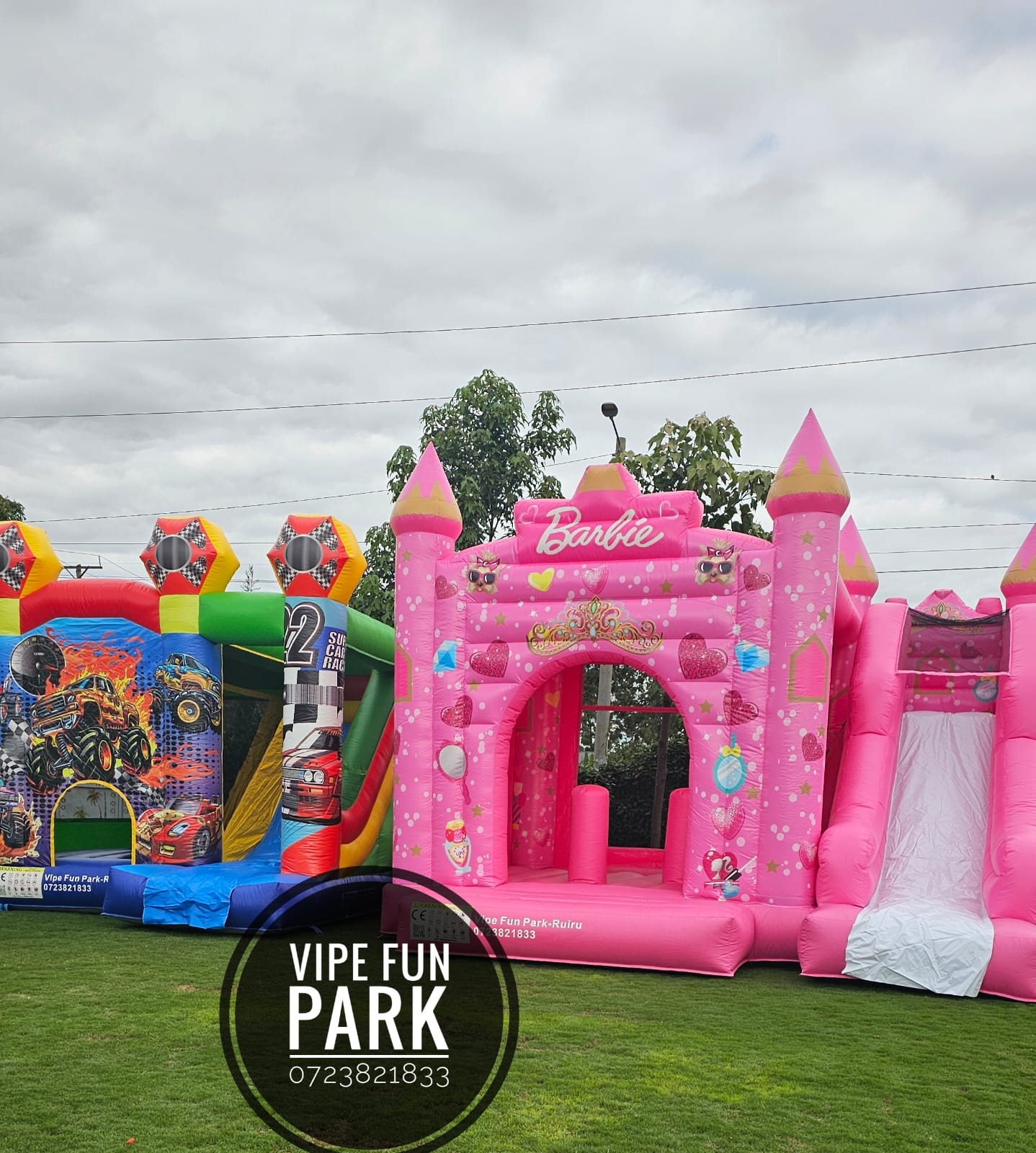 A colourful lineup of vehicle-themed and pink princess bouncing castles available at Vipe Fun Park