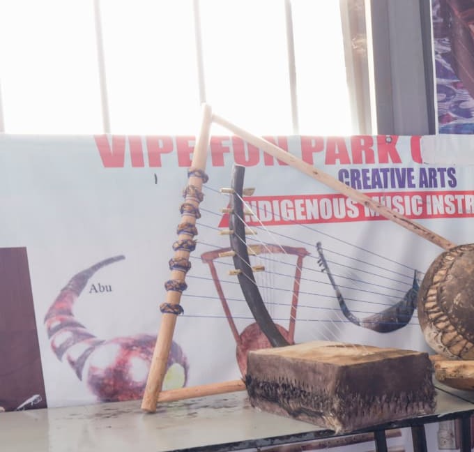 Traditional Kenyan musical instruments displayed in the creative arts learning space at Vipe Fun Park
