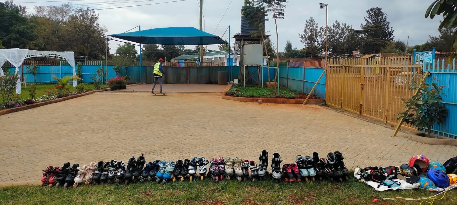 The skating arena at Vipe Fun Park with skates and helmets lined up ready