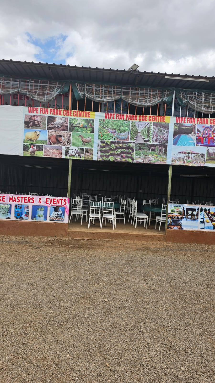 The front of the Vipe Fun Park CBE Centre with learning banners and seating underneath