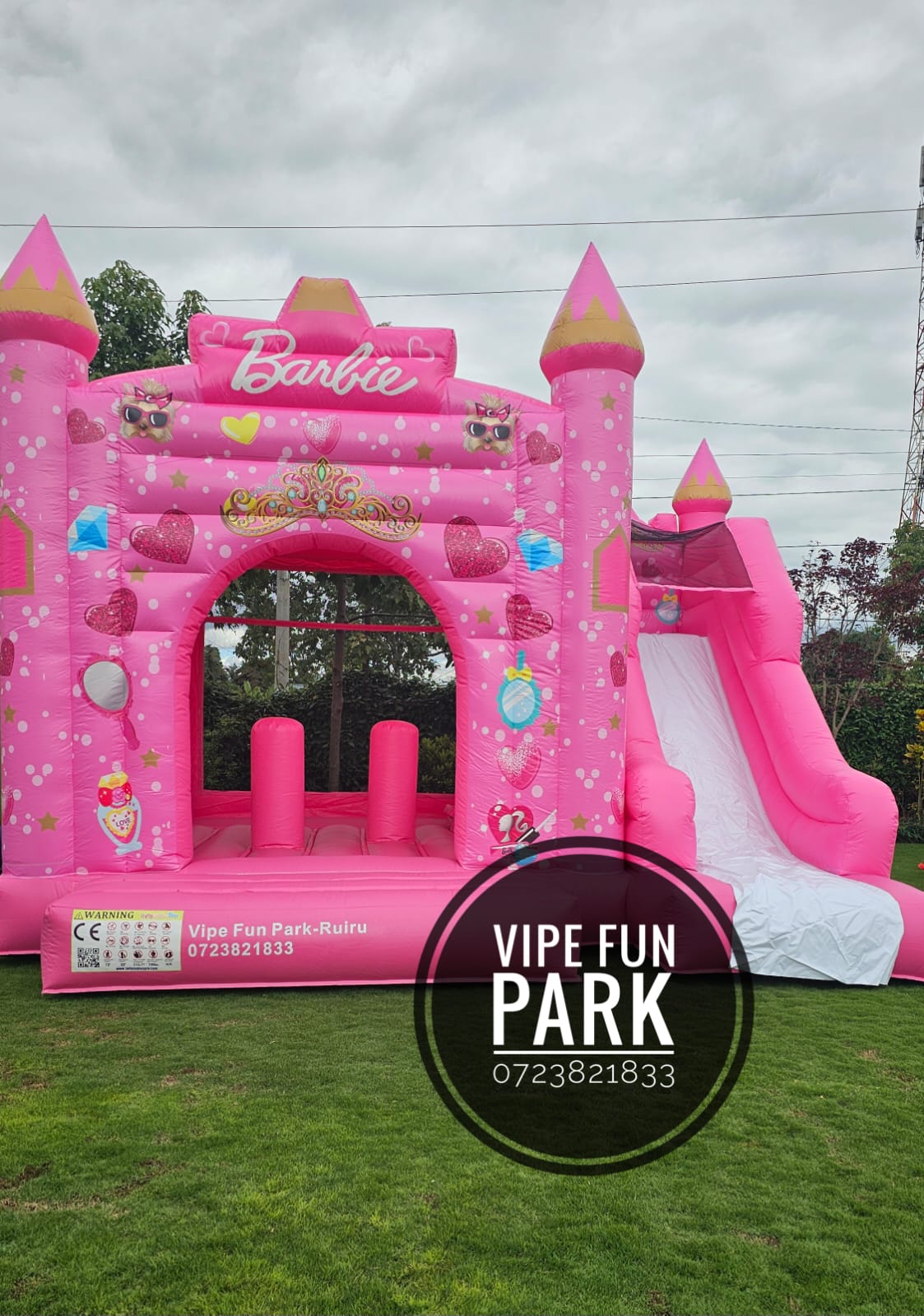 A bright pink princess-themed bouncing castle with an inflatable slide on the lawn