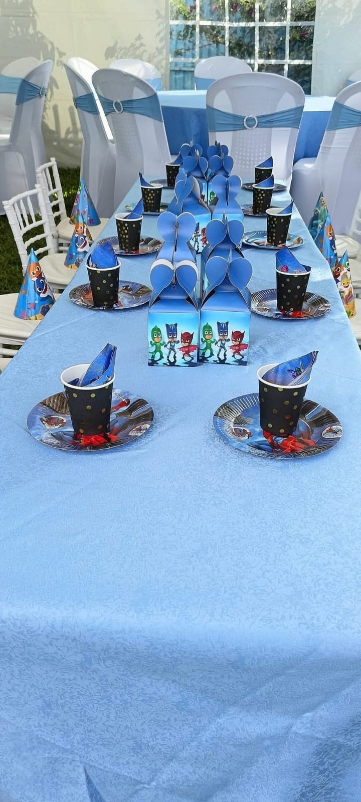 A blue-themed birthday table with party boxes, cups and dressed chairs at Vipe Fun Park